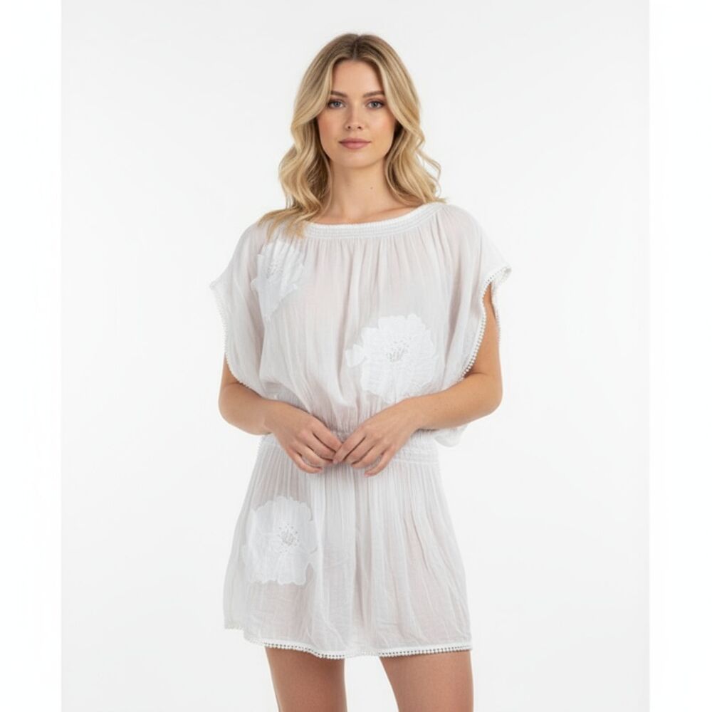 Bindu White Embellished Short Sleeve Floral Print Mini Dress L